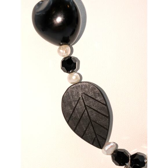 925 Sterling Pearl Black Carved Wood Leaf Tagua Nut Dangle Tassel Necklace - Picture 3 of 7